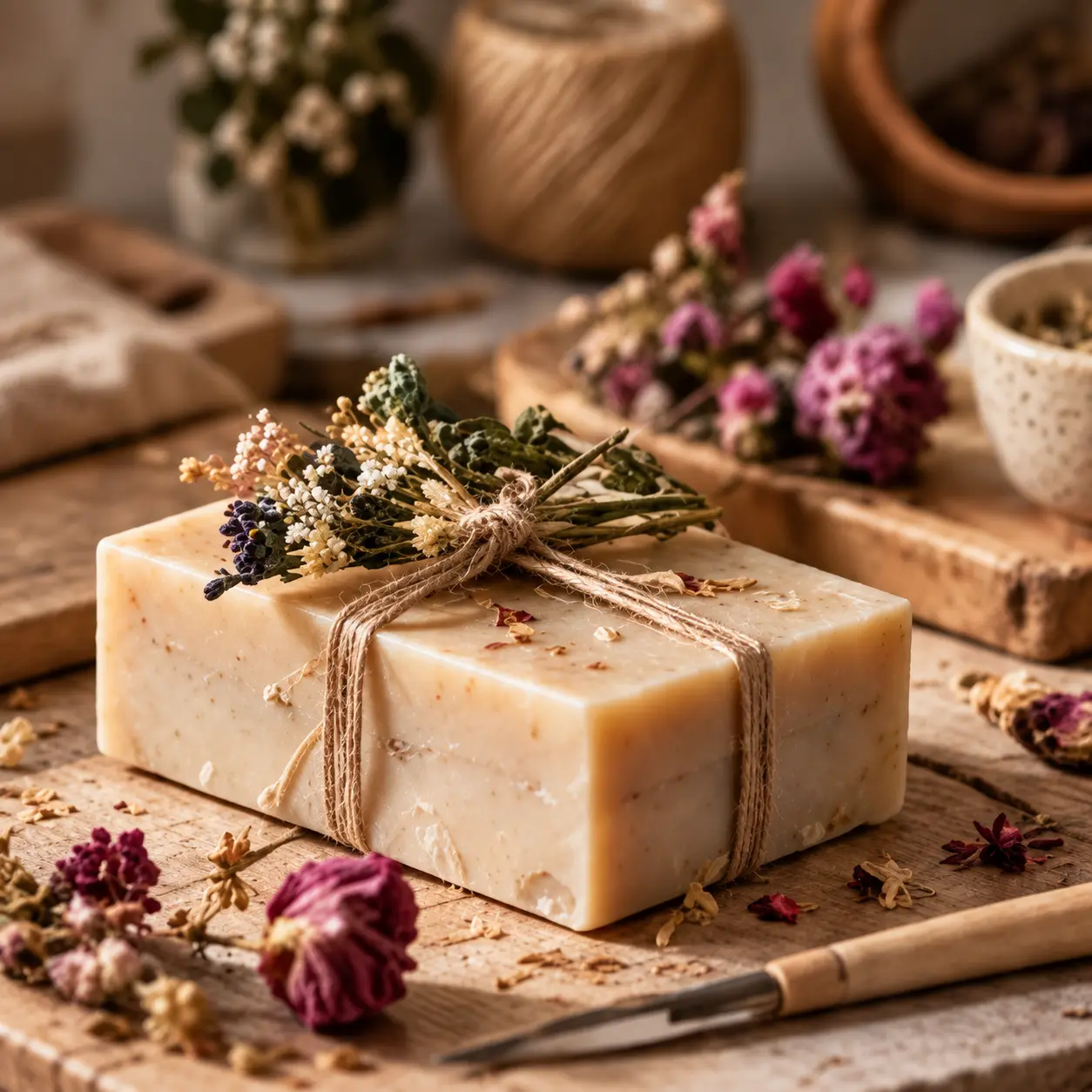 Ručno izrađeni handmade sapun ukrašen suhim cvijećem i vezan prirodnim konopcem